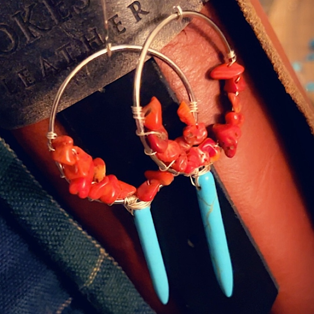 Handmade turquoise and coral earrings